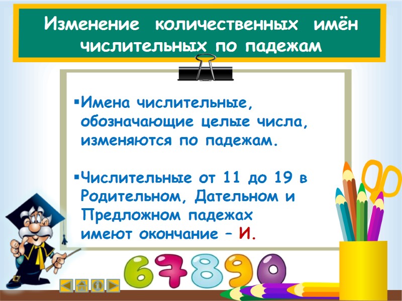 Изменение  количественных  имён числительных по падежам Имена числительные,  обозначающие целые числа,